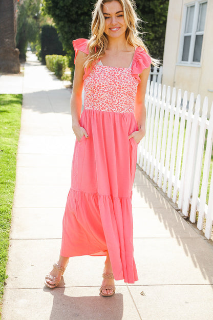 More Than Lovely Coral Floral Embroidery Dot Maxi Dress