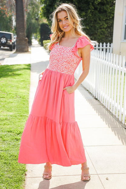 More Than Lovely Coral Floral Embroidery Dot Maxi Dress