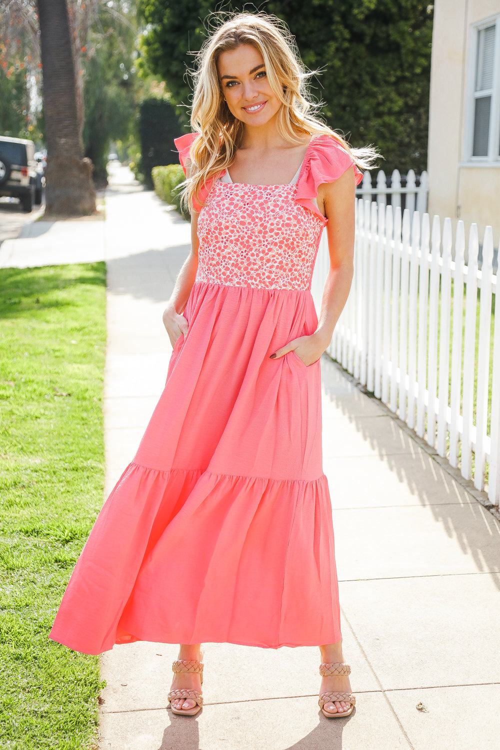 More Than Lovely Coral Floral Embroidery Dot Maxi Dress