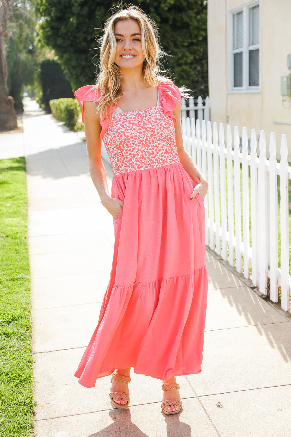 More Than Lovely Coral Floral Embroidery Dot Maxi Dress