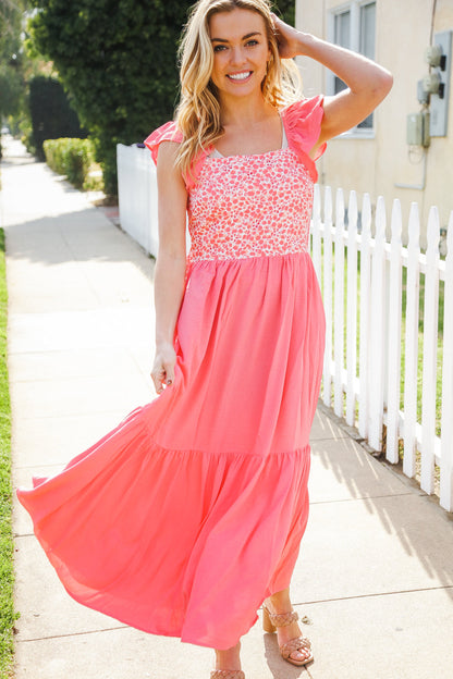 More Than Lovely Coral Floral Embroidery Dot Maxi Dress