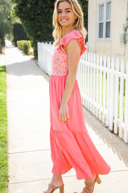 More Than Lovely Coral Floral Embroidery Dot Maxi Dress