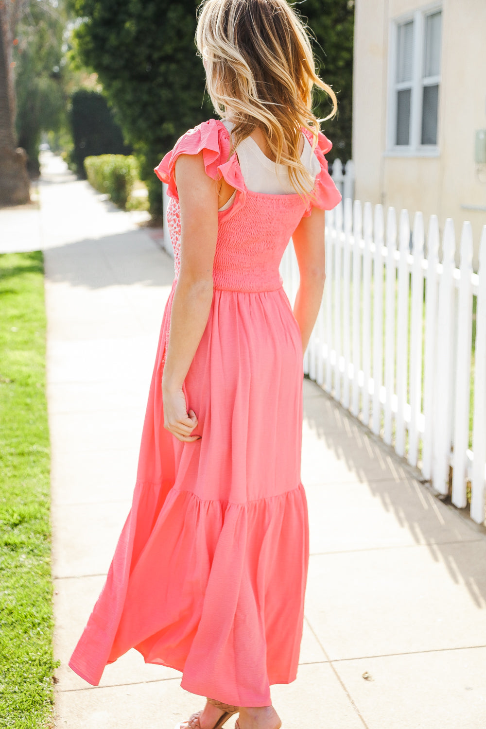 More Than Lovely Coral Floral Embroidery Dot Maxi Dress