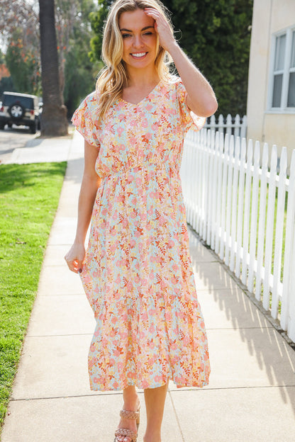 Lovely In Peach Floral Print Elastic Waist Ruffle Midi Dress