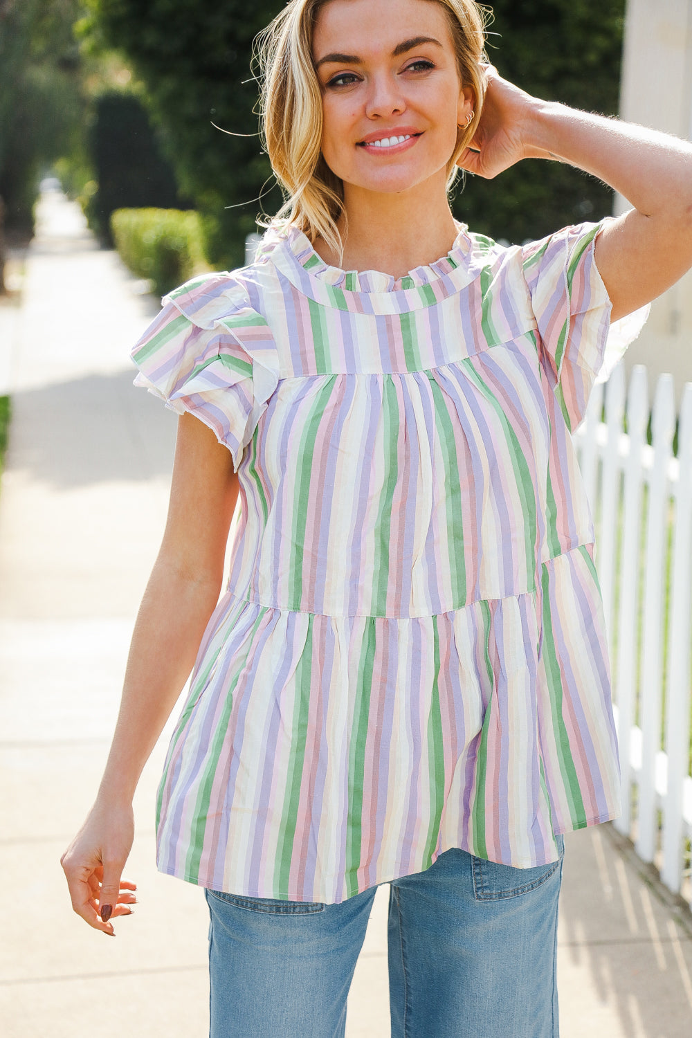 Easy To Love Lavender Stripe Double Ruffle Sleeve Tiered Top