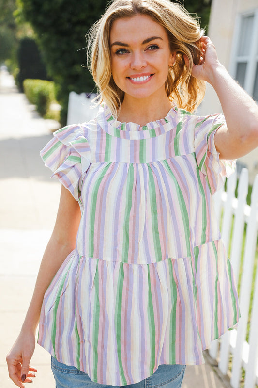 Easy To Love Lavender Stripe Double Ruffle Sleeve Tiered Top