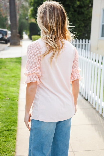 Adorable You Peach French Terry Lace Sleeve Top