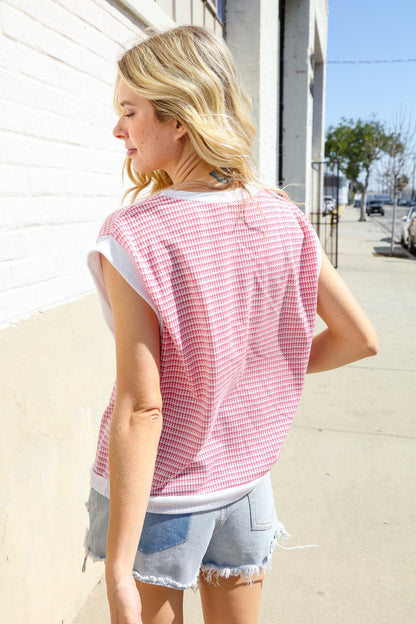 Lock Eyes Pink & Ivory Jacquard Waffle Knit Banded Sleeveless Top