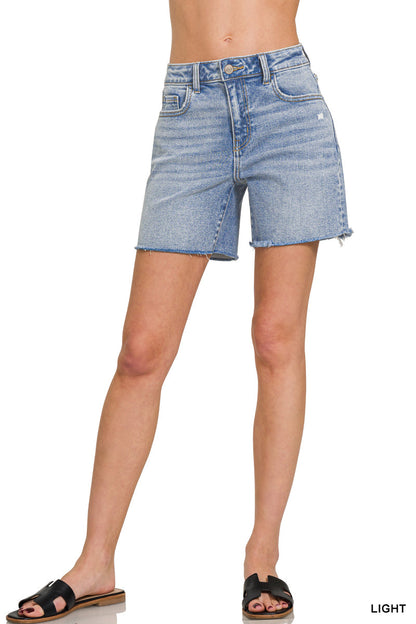 Zenana Mid Rise Light Blue Raw Hem Denim Shorts