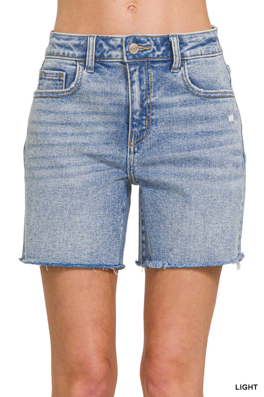 Zenana Mid Rise Light Blue Raw Hem Denim Shorts