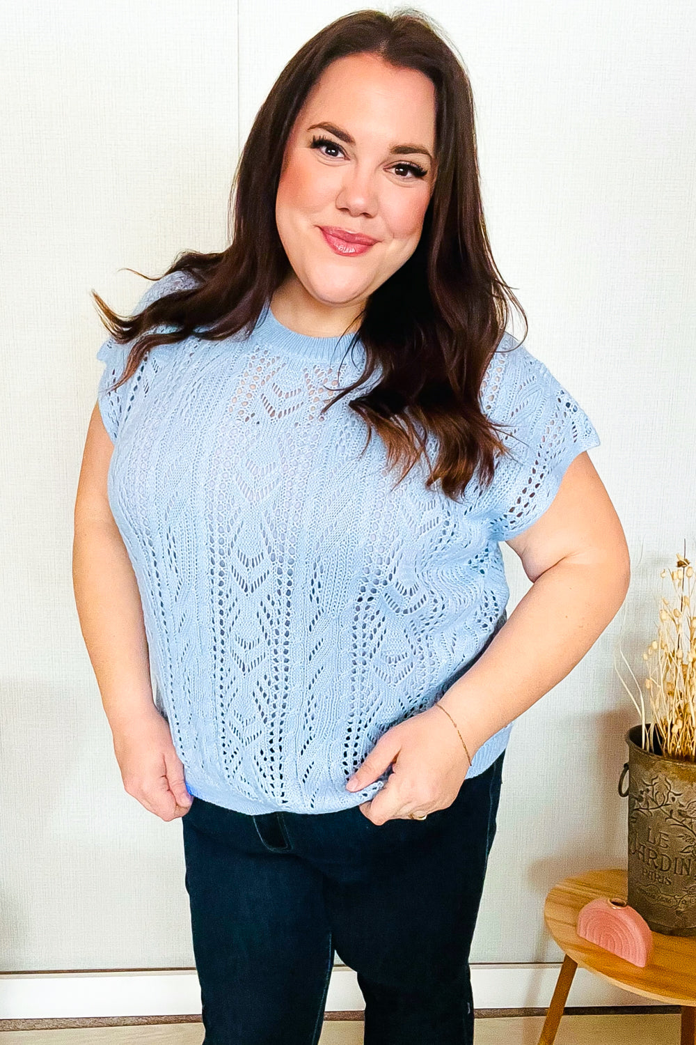 The Perfect Find Sky Blue Dolman Short Sleeve Crochet Sweater Top