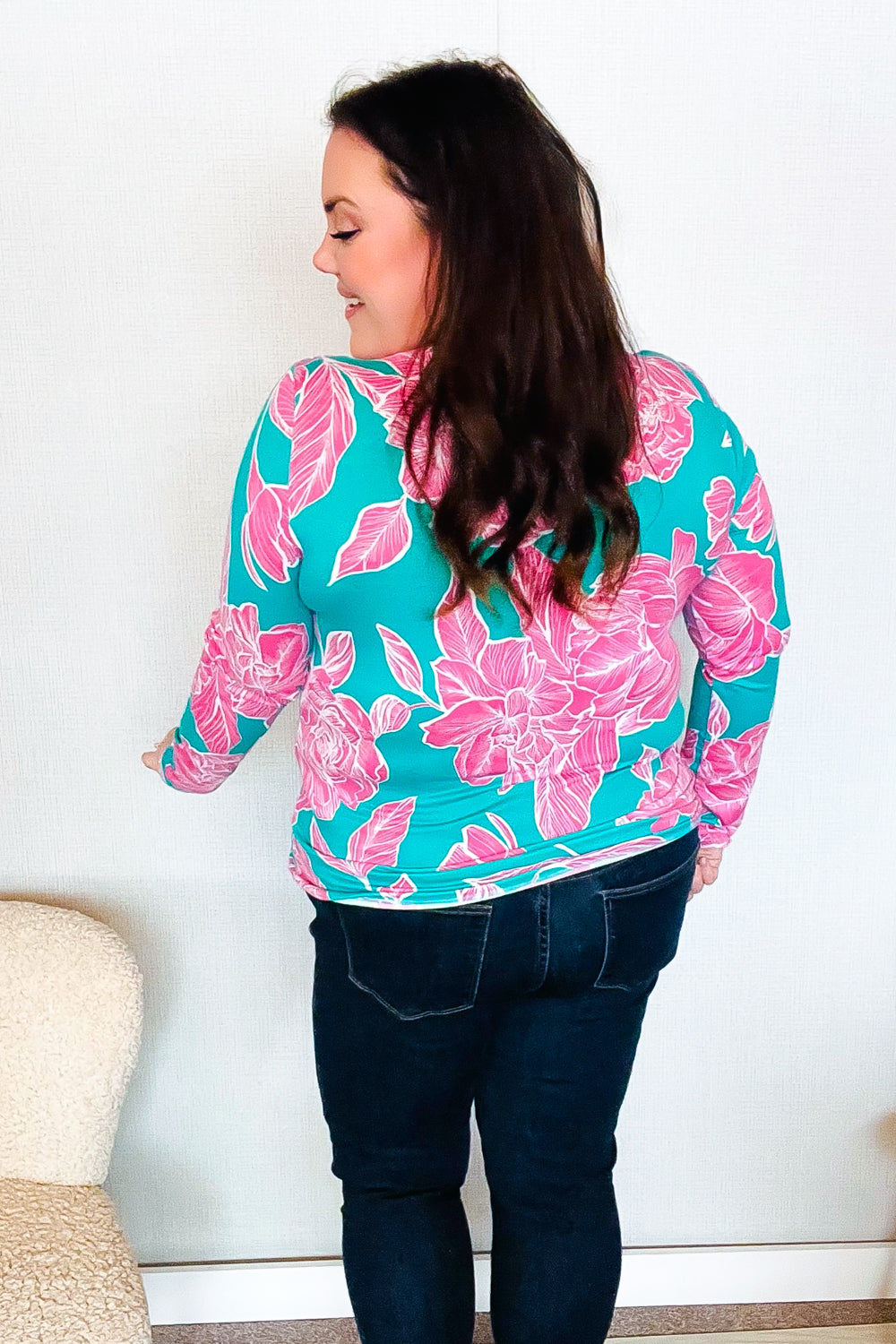 Find Love Aqua/Pink Fitted Floral Print Buttery Soft Knit Top