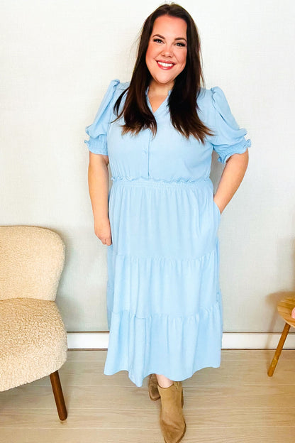 Follow Me Aqua Frill Notch Neck Shirred Waist Tiered Maxi Dress