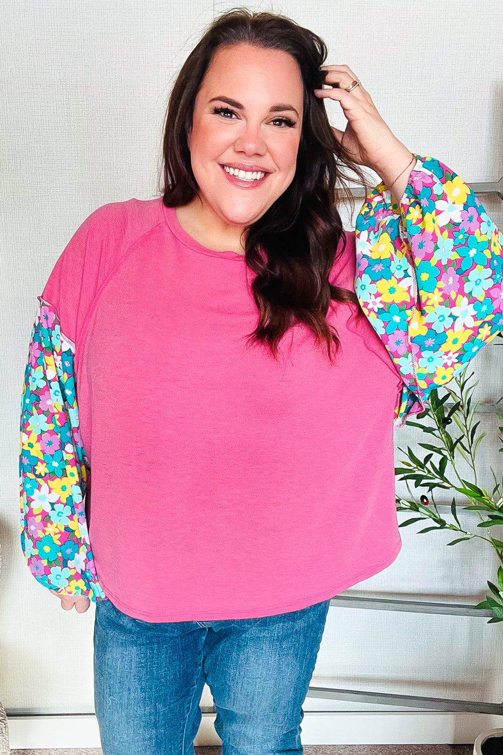 Lock Eyes Pink & Floral Bubble Sleeve French Terry Pullover