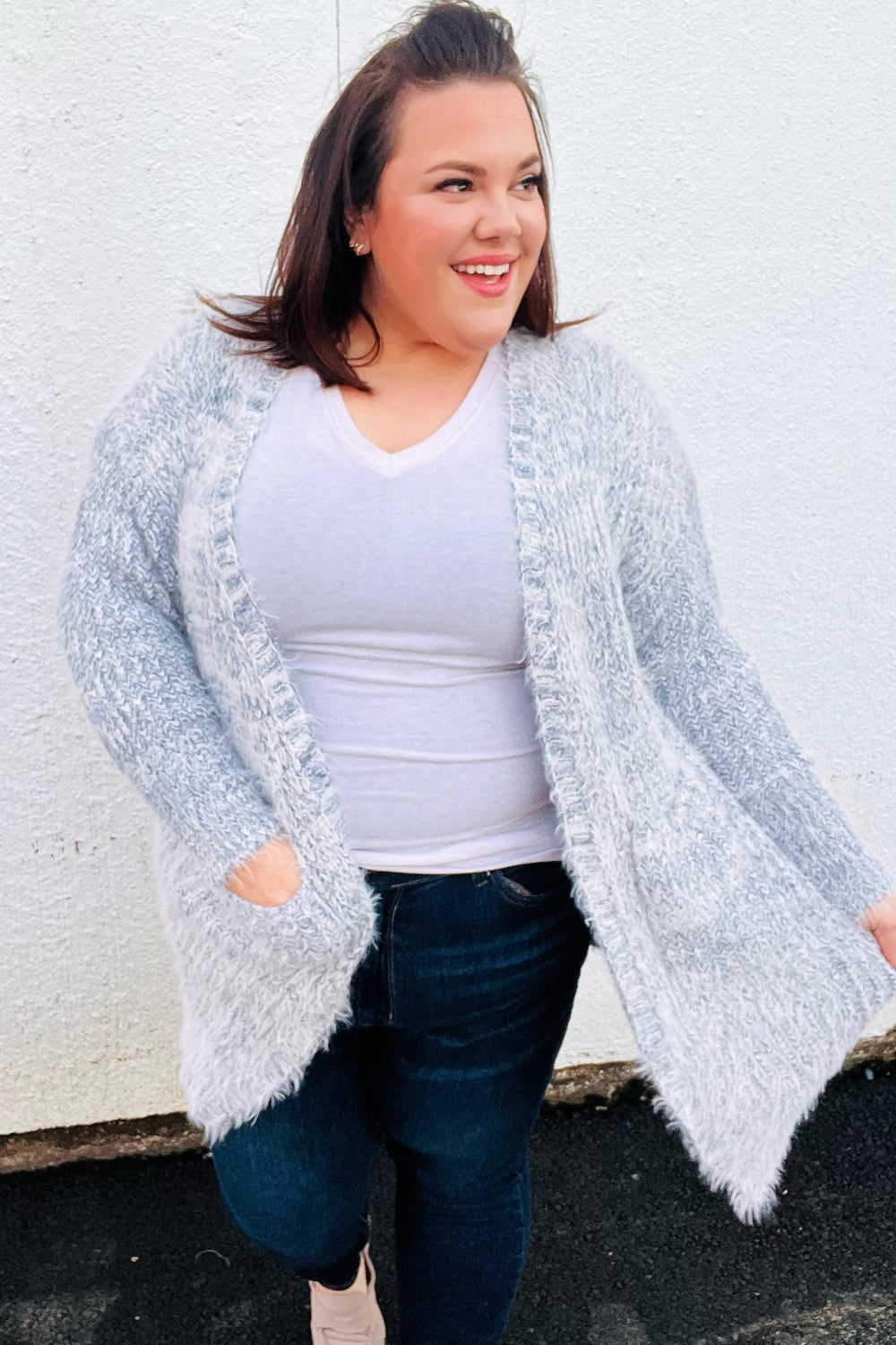 Leading Lady Slate Blue Two Tone Fuzzy Soft Brushed Cardigan