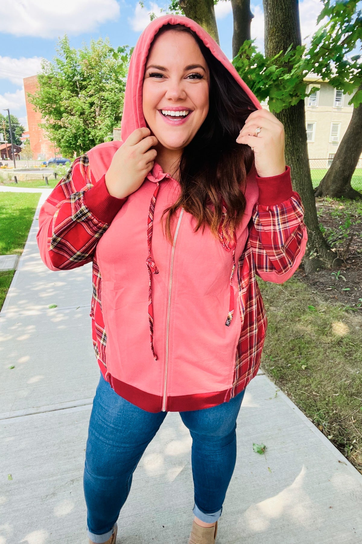 Adorable in Marsala Plaid Color Block Zipper French Terry Hoodie