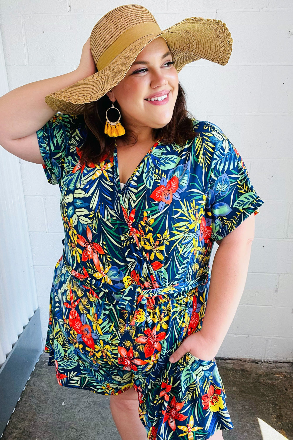 Navy Tropical Floral Surplice Romper