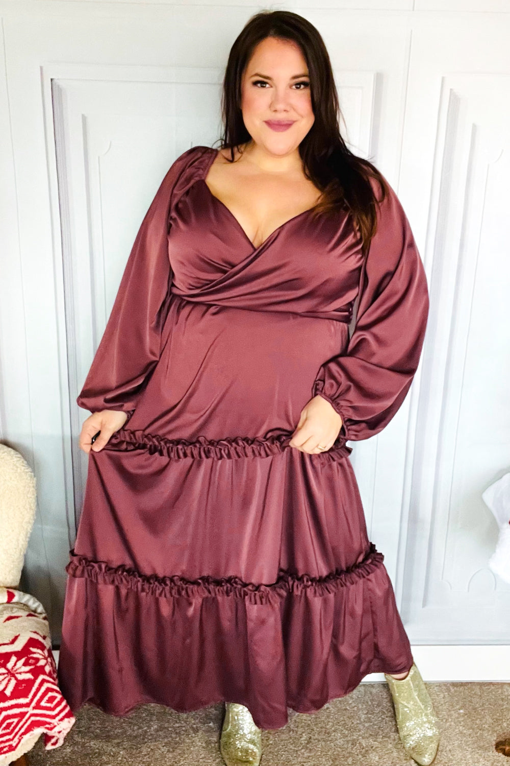 Holiday Vibes Wine Satin Front Overlap Smocked Back Maxi Dress