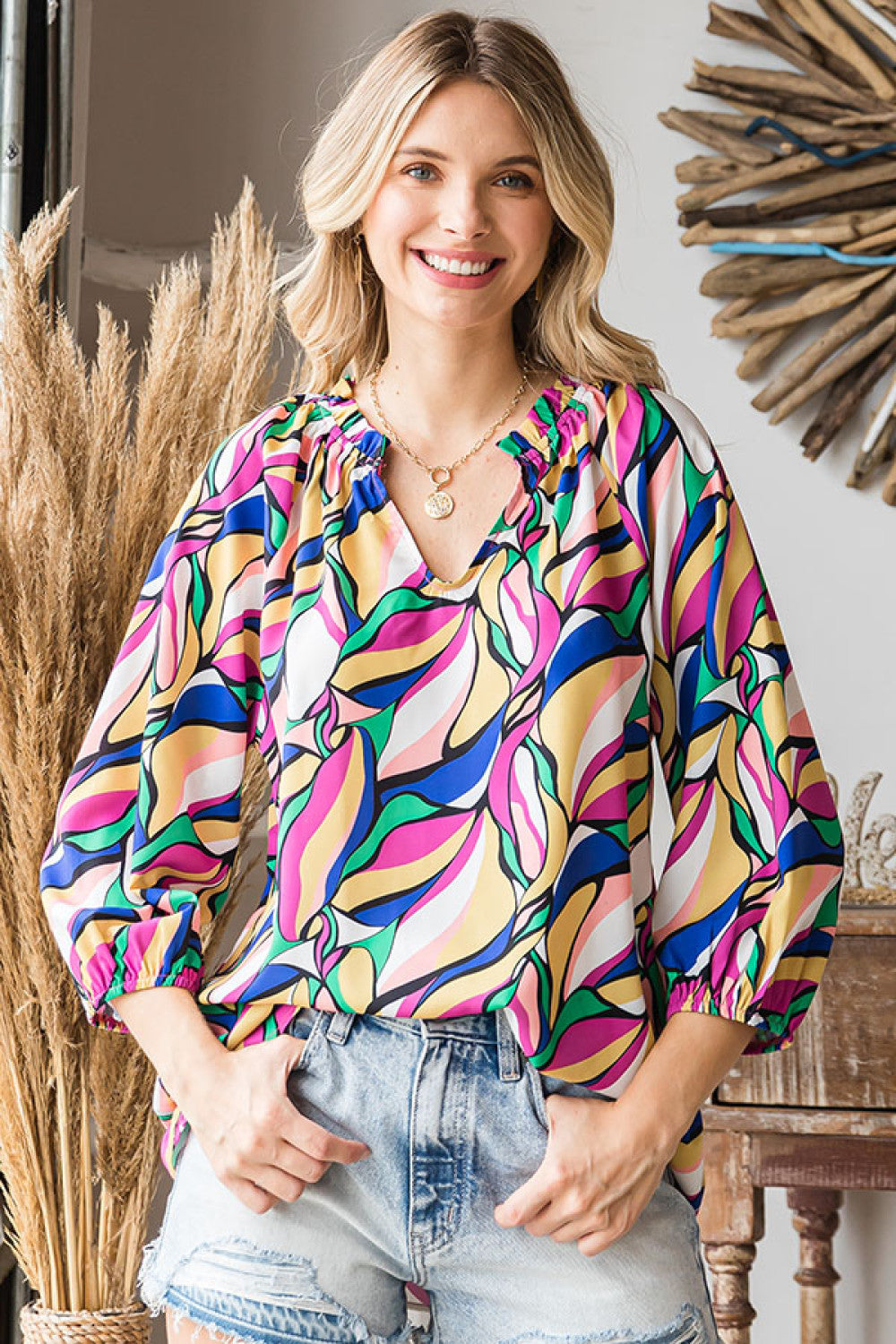 Be Bold Frill Notch Neck Abstract Print Three-Quarter Sleeve Blouse